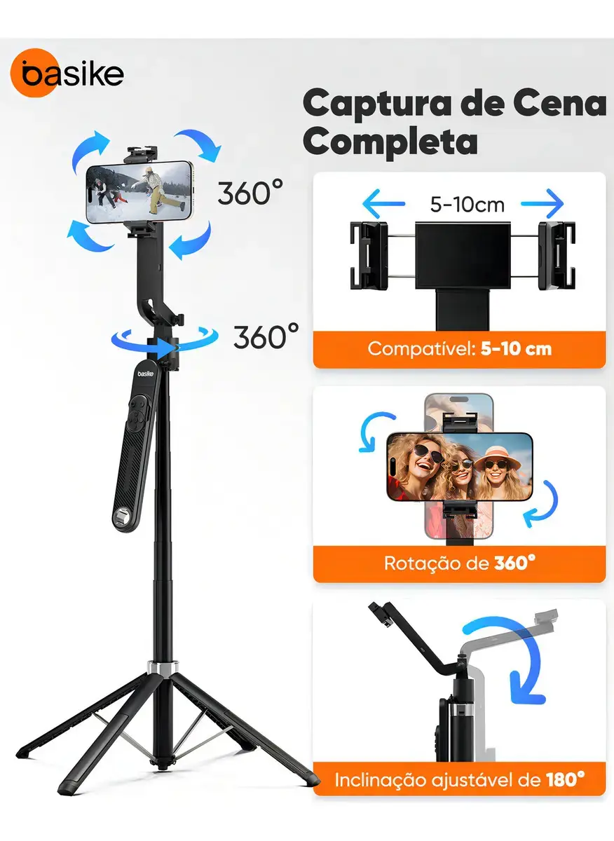 Tripé Para Celular e Câmera Basike 180cm com Rastreamento Facial IA e Controle Bluetooth thumbnail 3