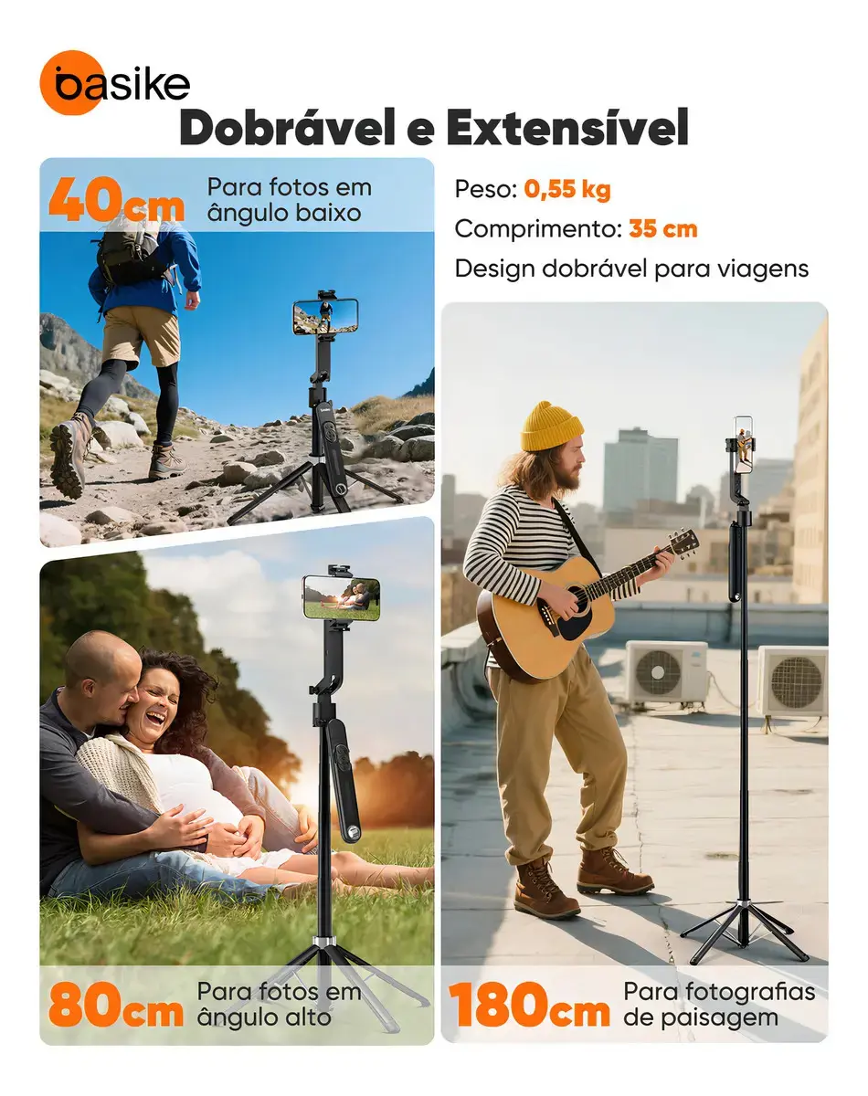 Tripé Para Celular e Câmera Basike 180cm com Rastreamento Facial IA e Controle Bluetooth thumbnail 8