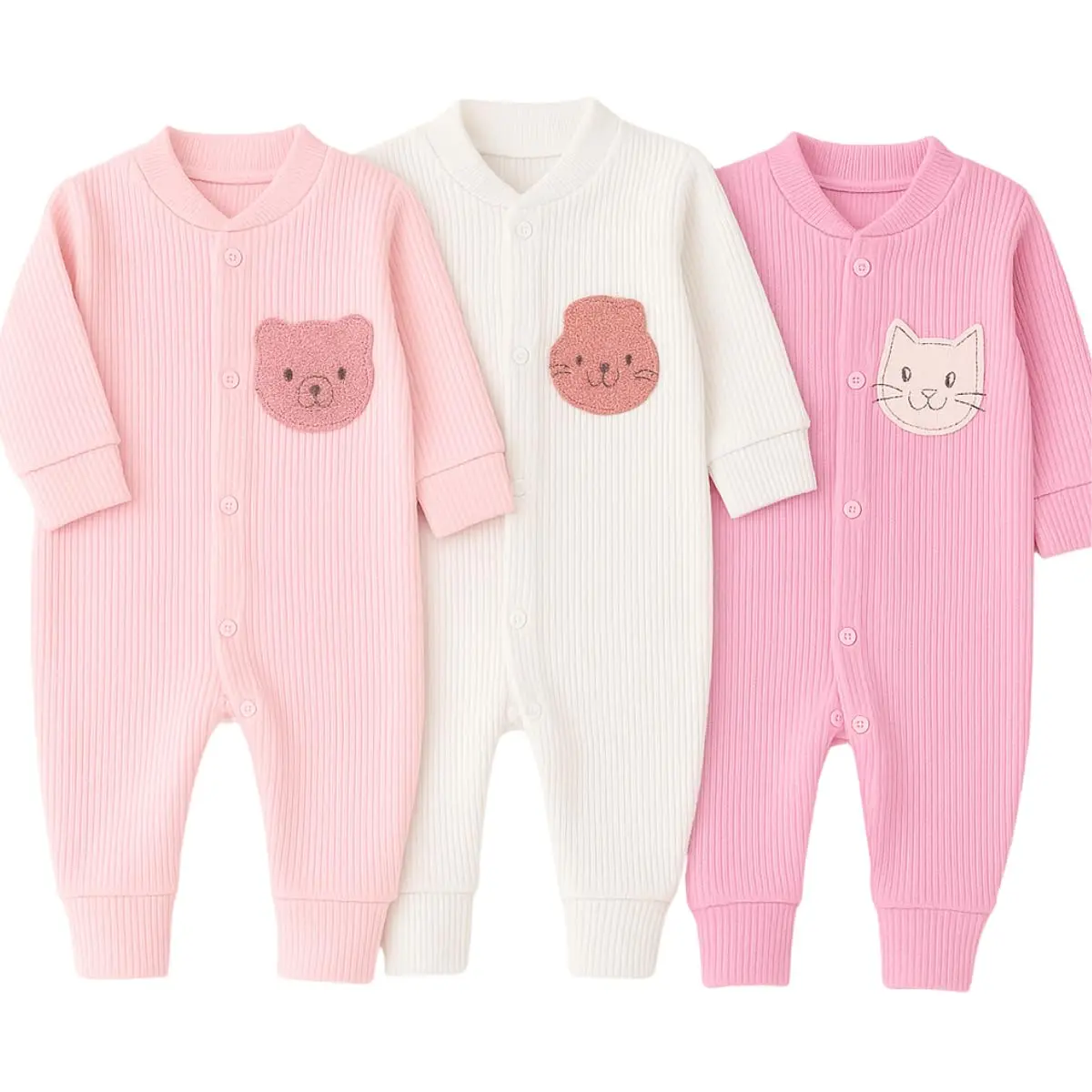 Kit 3 Macacão Para Bebê Canelado Bordado Vira Pé Menina Feminino - P Ao G