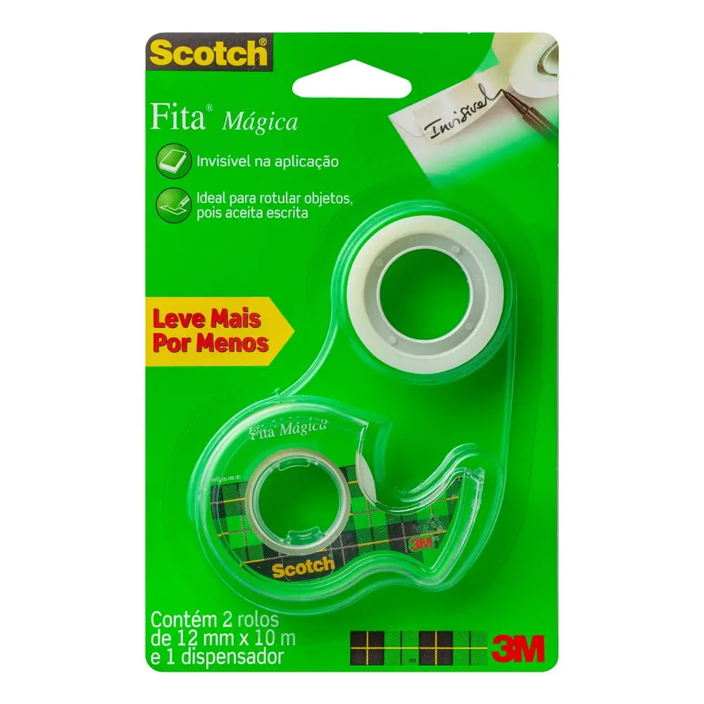 SCOTCH 3M Fita Mágica 12 mm x 20 m com 2 Rolos e 1 Dispensador | Transparente Após Aplicação, Não Amarela com o Tempo, Permite Escrita com Lápis, Caneta e Marcador Permanente
