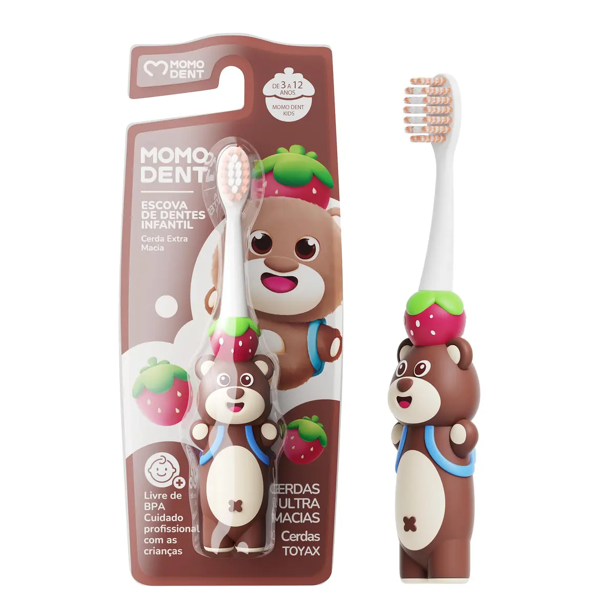 MOMODENT Escova de Dente Infantil com Cerdas Macias para Crianças de 3 a 12 Anos, Escova Infantil com Cuidado Gengival, Cabeça Pequena, Design Fofo em Cartoon, Cabo Ergonômico, BPA Free (Marrom)