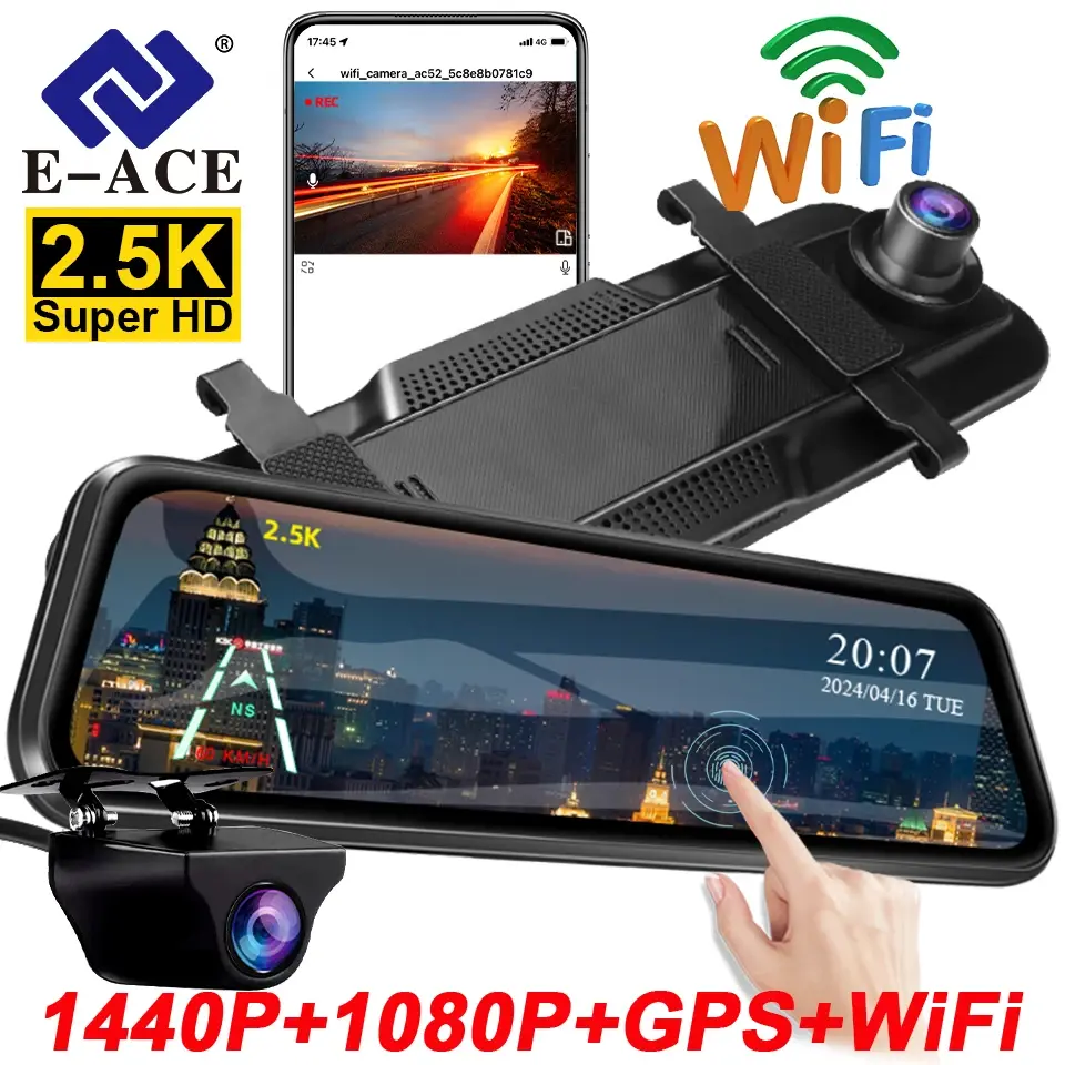 E-ACE 2.5k câmera espelho para carro tela de toque gravador vídeo espelho retrovisor dashcam 1440p gps wifi 24h estacionamento dvr caixa preta