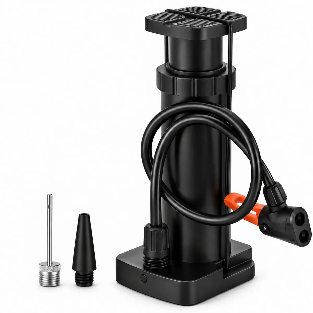 Bomba de Ar Manual 100 PSI com Pedal e 2 Adaptadores para Bicicleta e Carro | Bico duplo Presta e Schrader, mangueira de 45 cm, corpo em alumínio e base em aço; para motos, bolas, colchões e infláveis