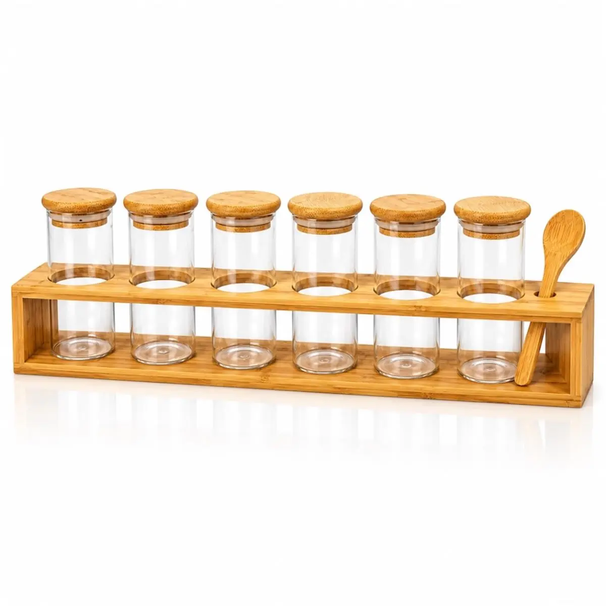 Kit 6 Potes de Vidro com Tampa de Bambu e Colher Porta Temperos Hermético para Condimentos Mantimentos e Organização da Cozinha