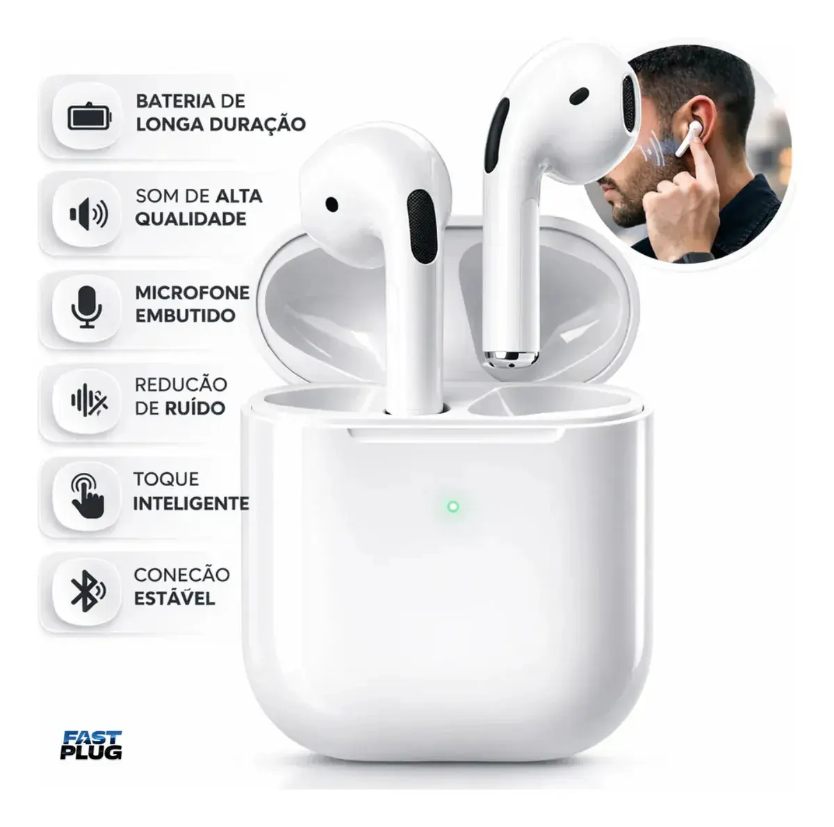 Fone De Ouvido Bluetooth Sem Fio Bateria de Longa Duração Pro 4 Branco Conecta Rápido Fast Plug Com Case Carregador E Microfone - 1