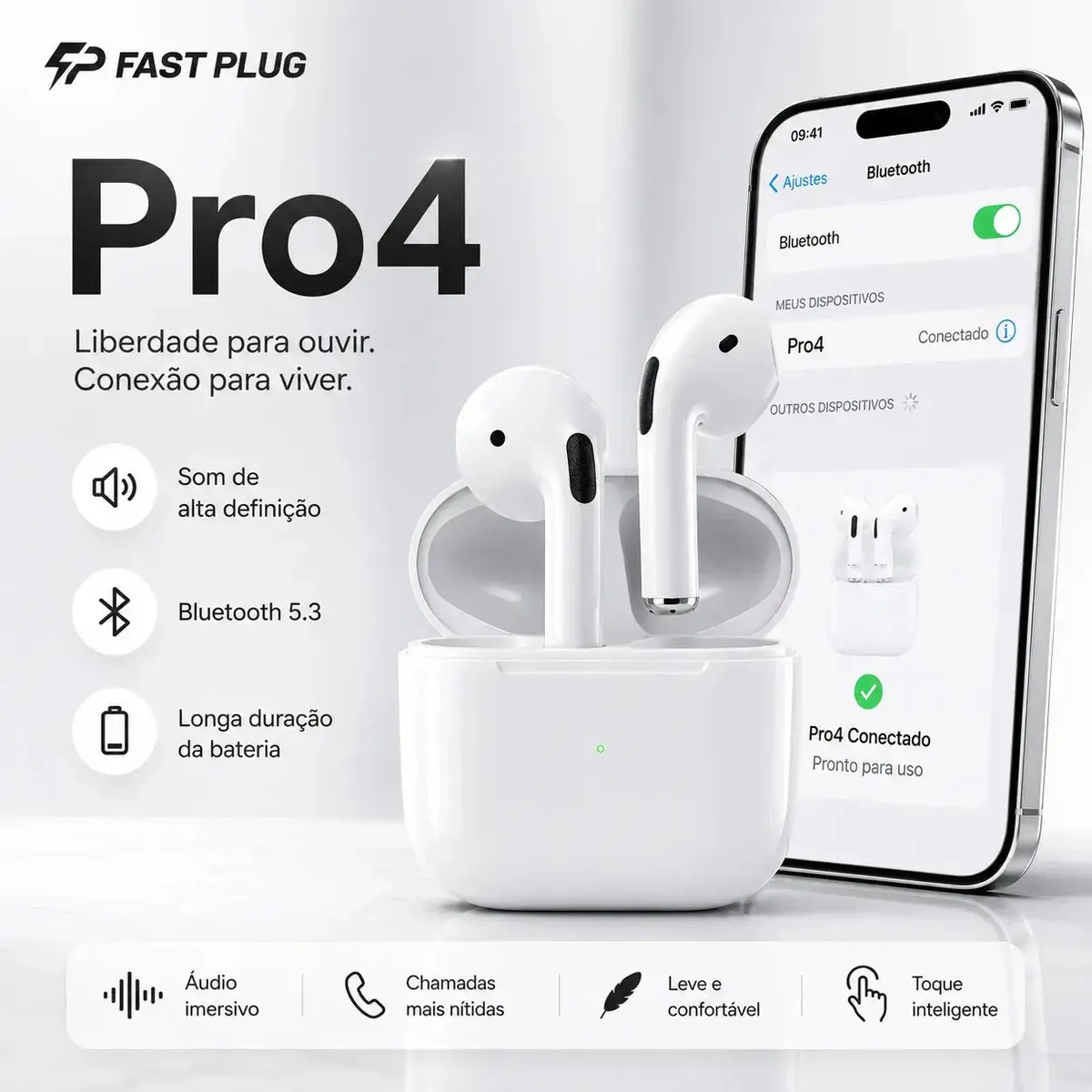 Fone De Ouvido Bluetooth Sem Fio Bateria de Longa Duração Pro 4 Branco Conecta Rápido Fast Plug Com Case Carregador E Microfone thumbnail 2