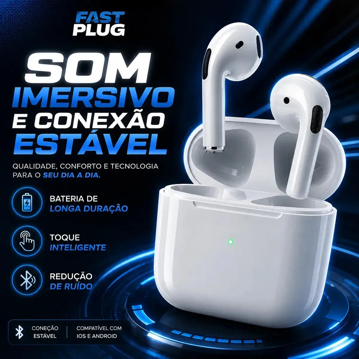 Fone De Ouvido Bluetooth Sem Fio Bateria de Longa Duração Pro 4 Branco Conecta Rápido Fast Plug Com Case Carregador E Microfone thumbnail 6