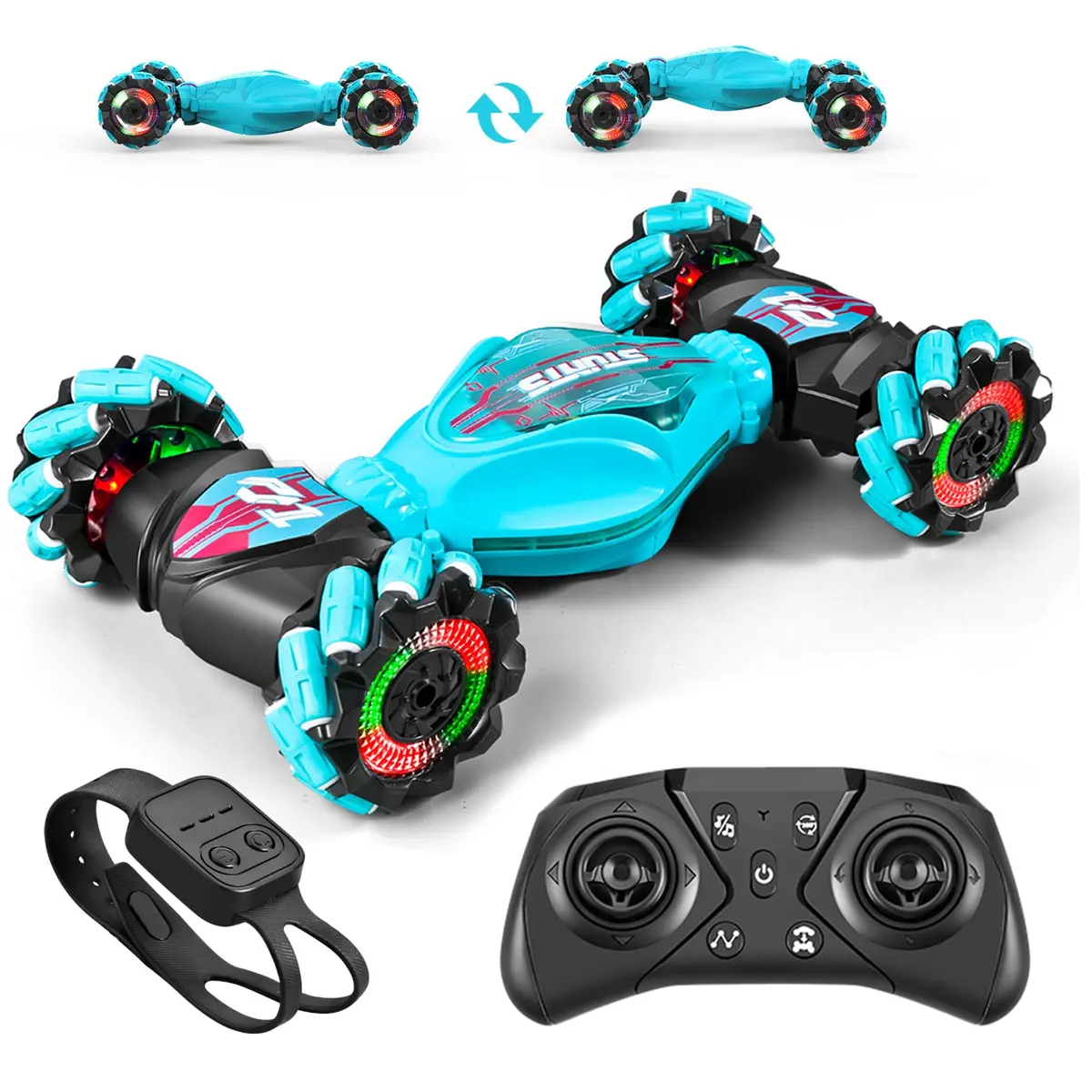Carro Anfíbio de Controle Remoto, Carro Acrobático RC 4WD | Luz E Música, Dual Remote Control, Manobras / Acrobacias, Recarregável