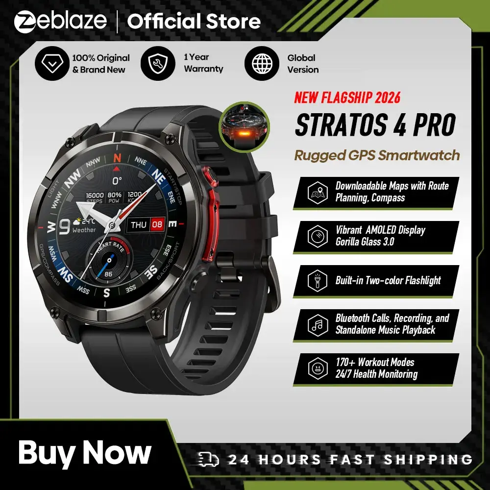 Novo Relógio Inteligente Zeblaze Stratos 4 Pro com GPS, Tela AMOLED de 1.43'', Lanterna Bicolor, Armazenamento de Música e 170+ Modos de Treino