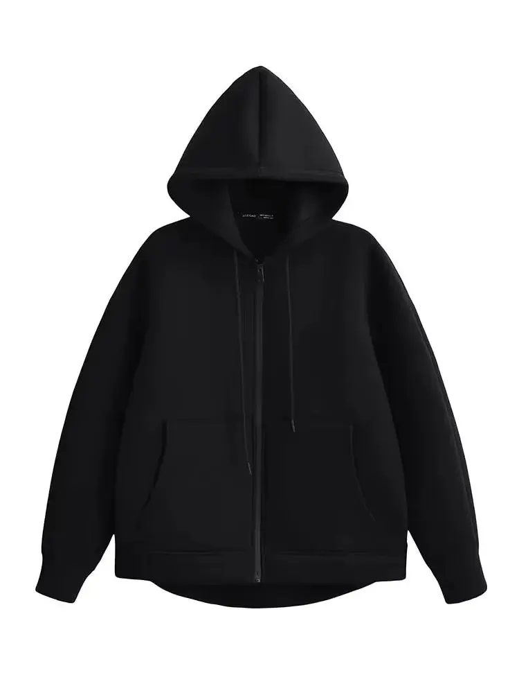 Hh outono inverno feminino zíper casaco com capuz high street bolsos duplos oversize jakcet solto camisolas outerwear topo