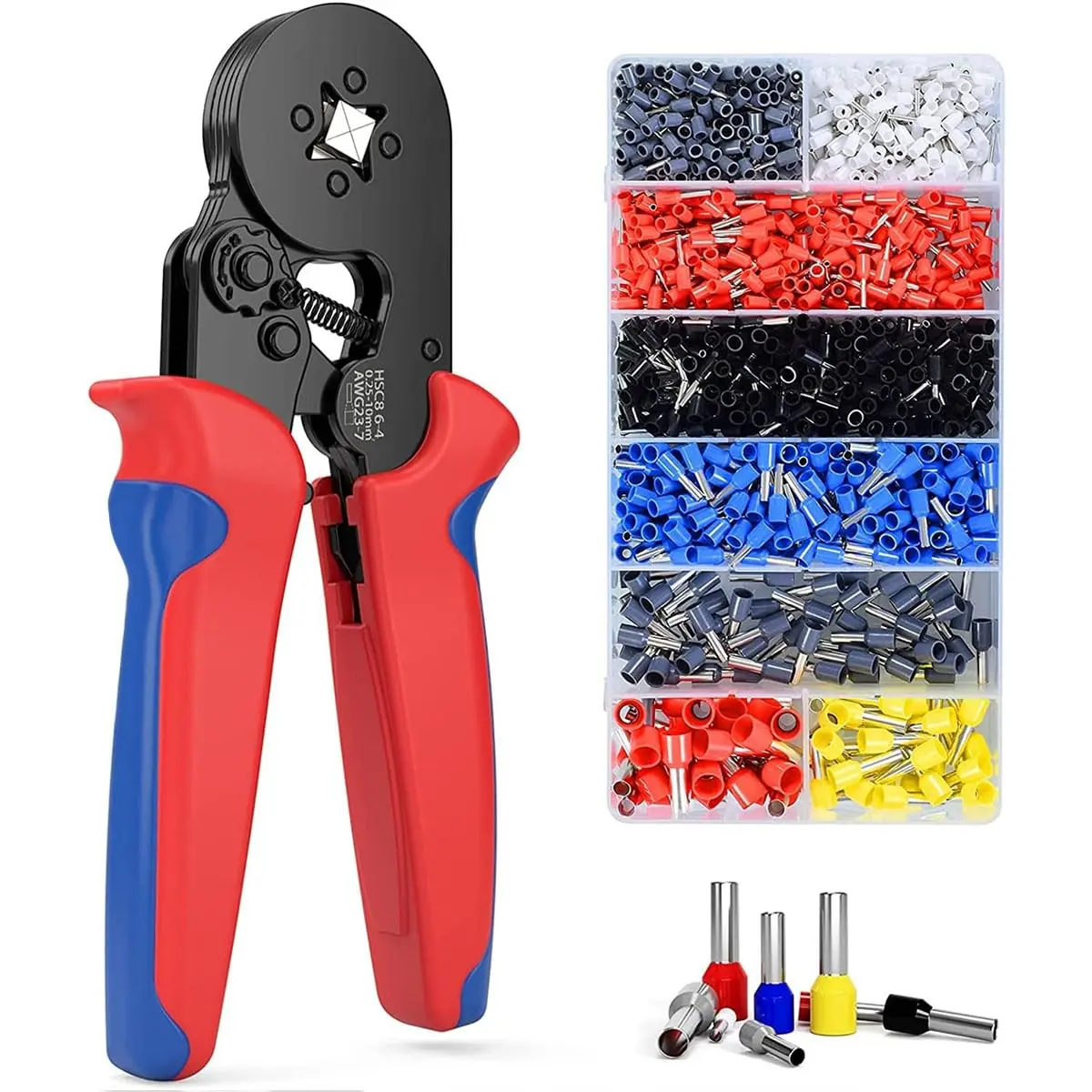 Alicate de Crimpar com Kit 1200 Terminais, Ferramentas de crimpagem autoajustáveis para 0,25-10mm², terminal de cabo de aço com ponteira quadrada