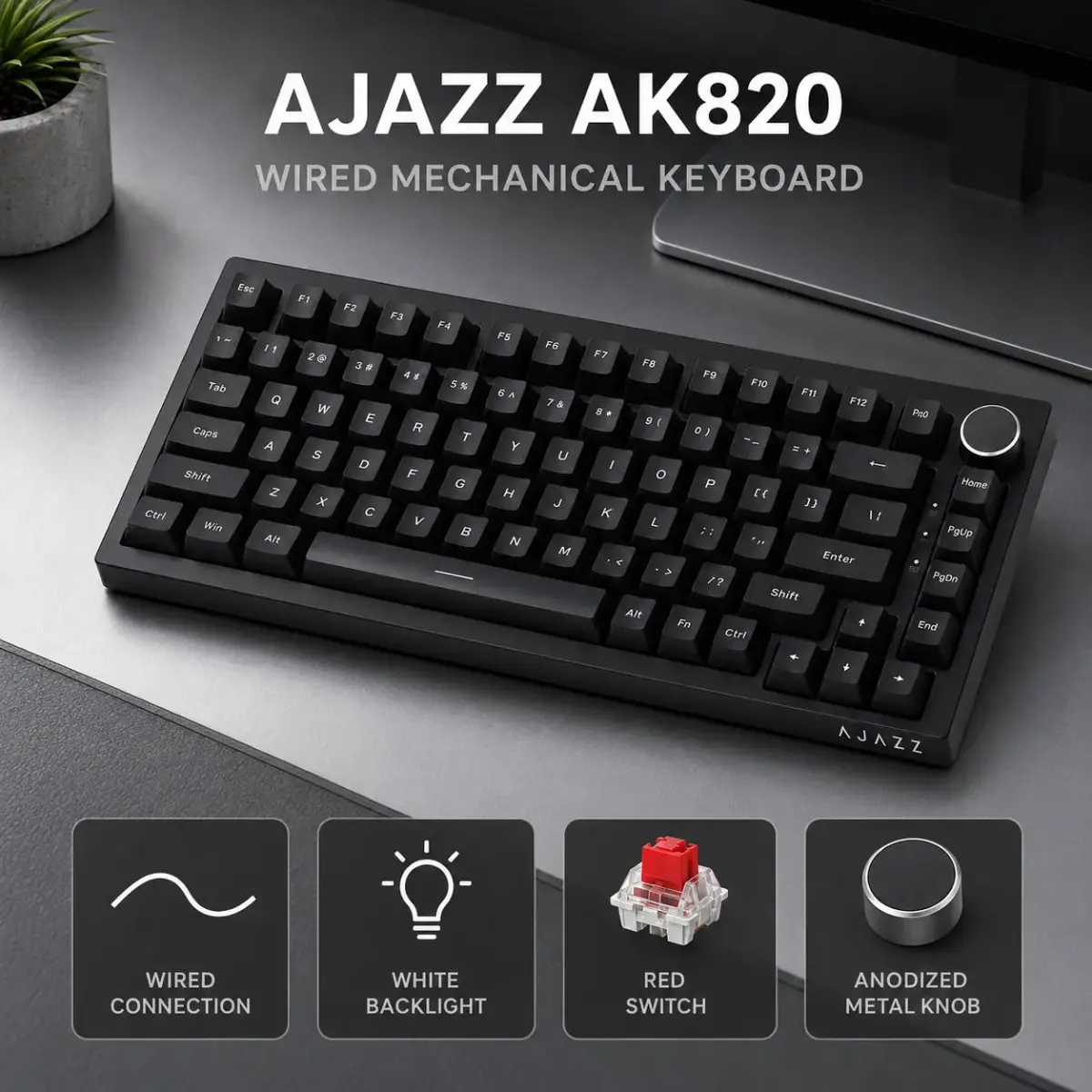 Teclado Mecânico para Jogos AJAZZ AK820 e AK820PRO, Layout 75%, Teclas PBT OEM, Retroiluminação RGB, Anti-Ghosting Total, Tipo-C - 1