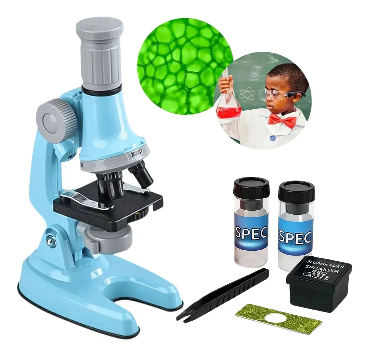 Microscópio Infantil Azul Didático Educacional 100x 400x 1200x Kit Completo com Lâminas e Acessórios – Castela