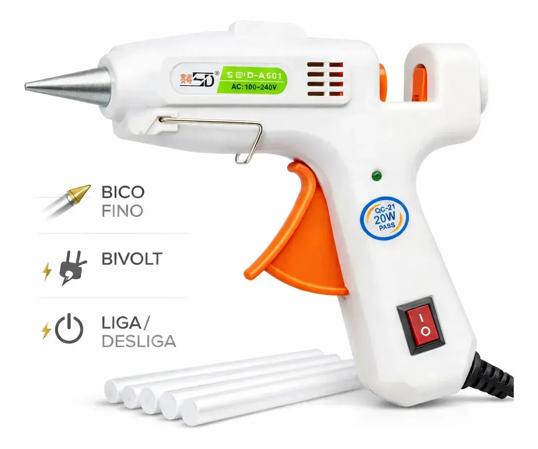 Pistola de Cola Quente 20W Bico Fino Bivolt com 5 Bastões 7mm Niadri Imports