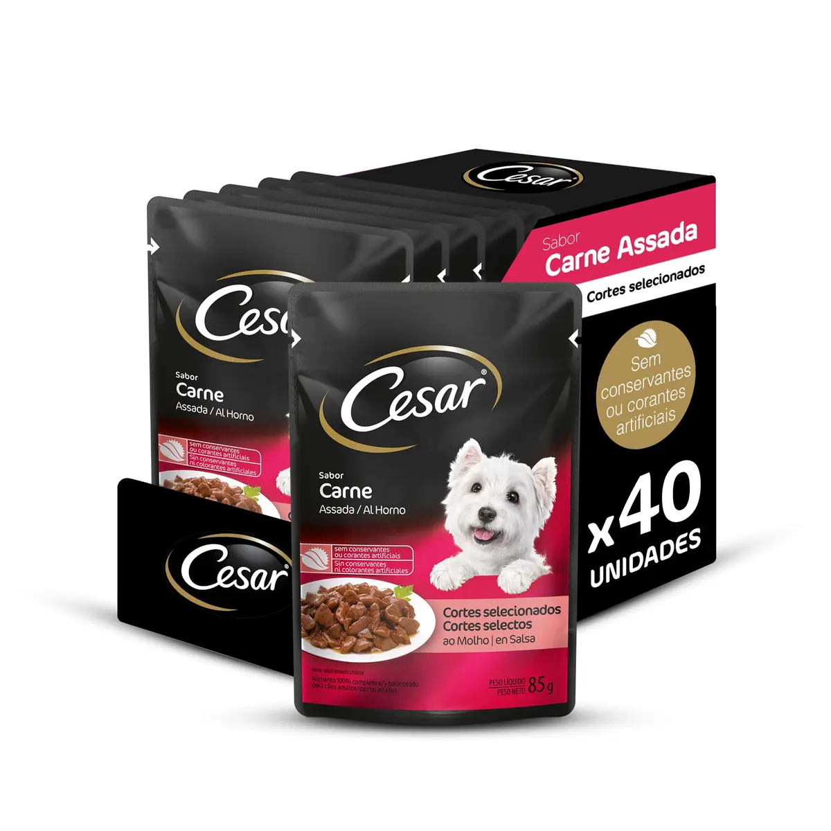 Pack Ração Úmida Cesar Sachê Cortes Selecionados Carne Assada ao Molho Para Cães Adultos 85 g - 40 unidades
