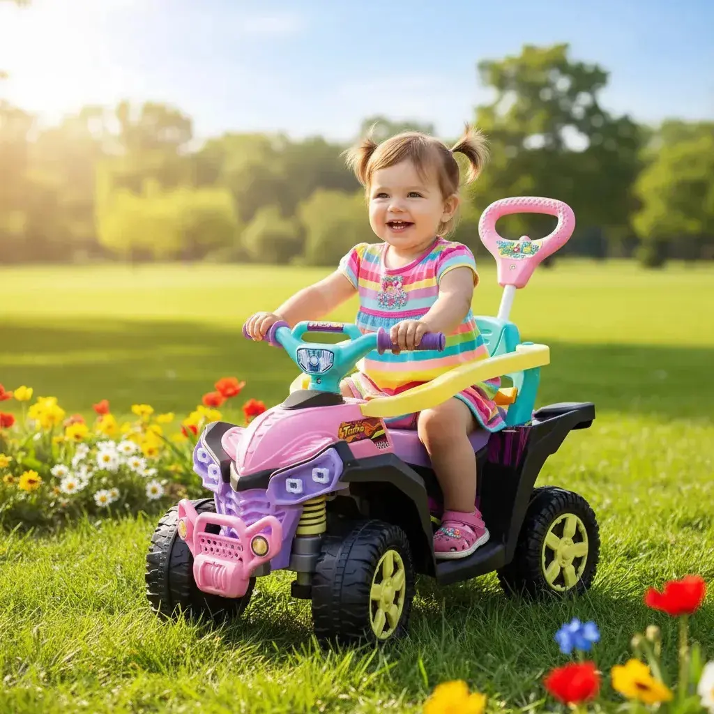 Carrinho De Passeio Infantil Quadriciclo Andador Meninas Rosa Empurrador Baby Quad Com Buzina e Cinto