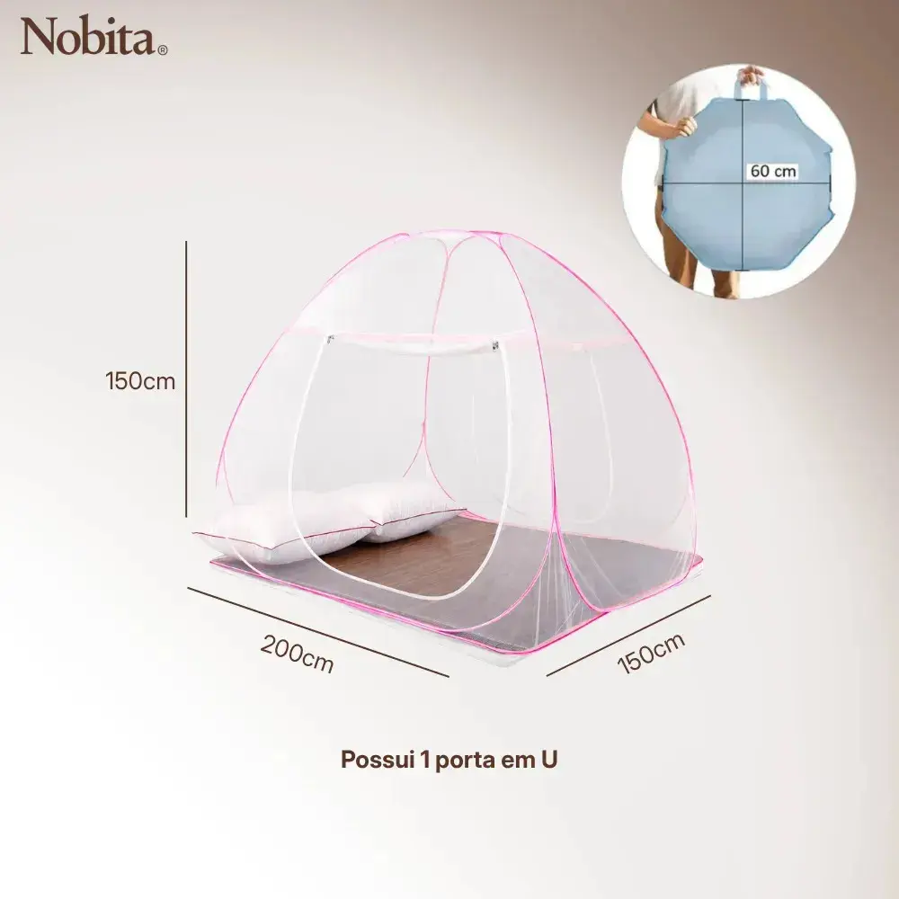 Tenda Mosquiteiro Dobrável Para Cama Casal Solteiro Portátil Rosa 150x200cm thumbnail 3