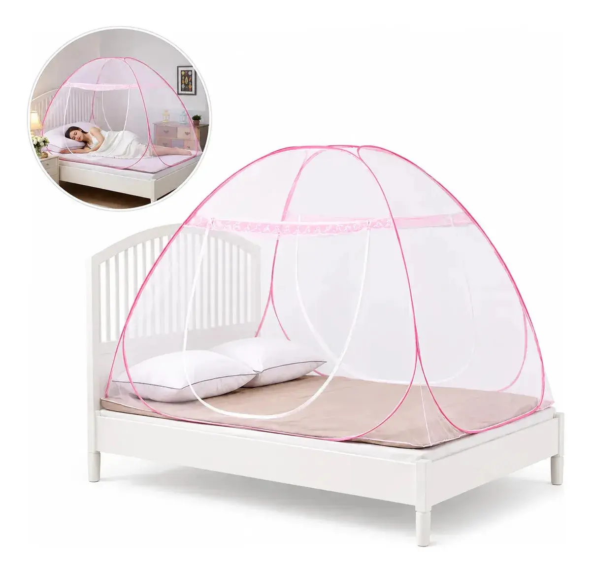 Tenda Mosquiteiro Dobrável Para Cama Casal Solteiro Portátil Rosa 150x200cm thumbnail 4