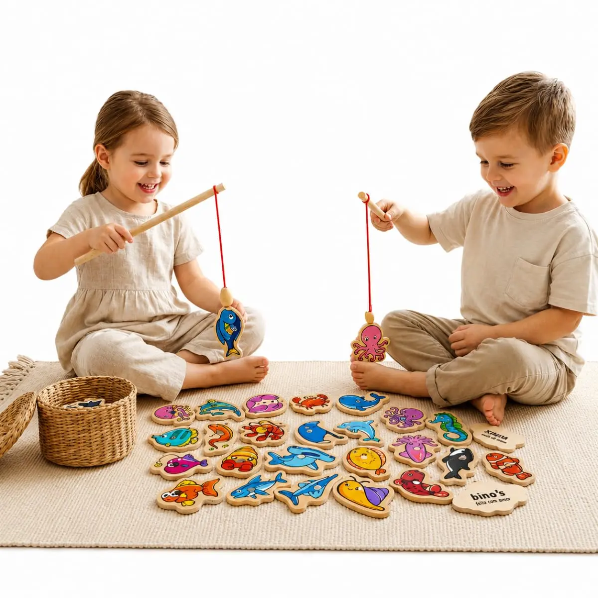 Brinquedo de Madeira Infantil Educativo Montessori (Peixes Bilíngue) | Brinquedo Interativo Educativo de Madeira Cognitivo partir 3 Anos Bilingue - 1