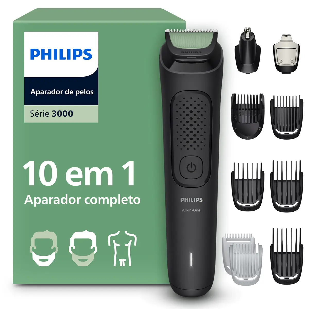 Philips Aparador e Barbeador Elétrico Série 3000 All-in-One 10 em 1 | Versatilidade para cuidar do visual completo | Rosto, cabelo e corpo | 90 min sem fio | Aparador de detalhes | MG3941/15
