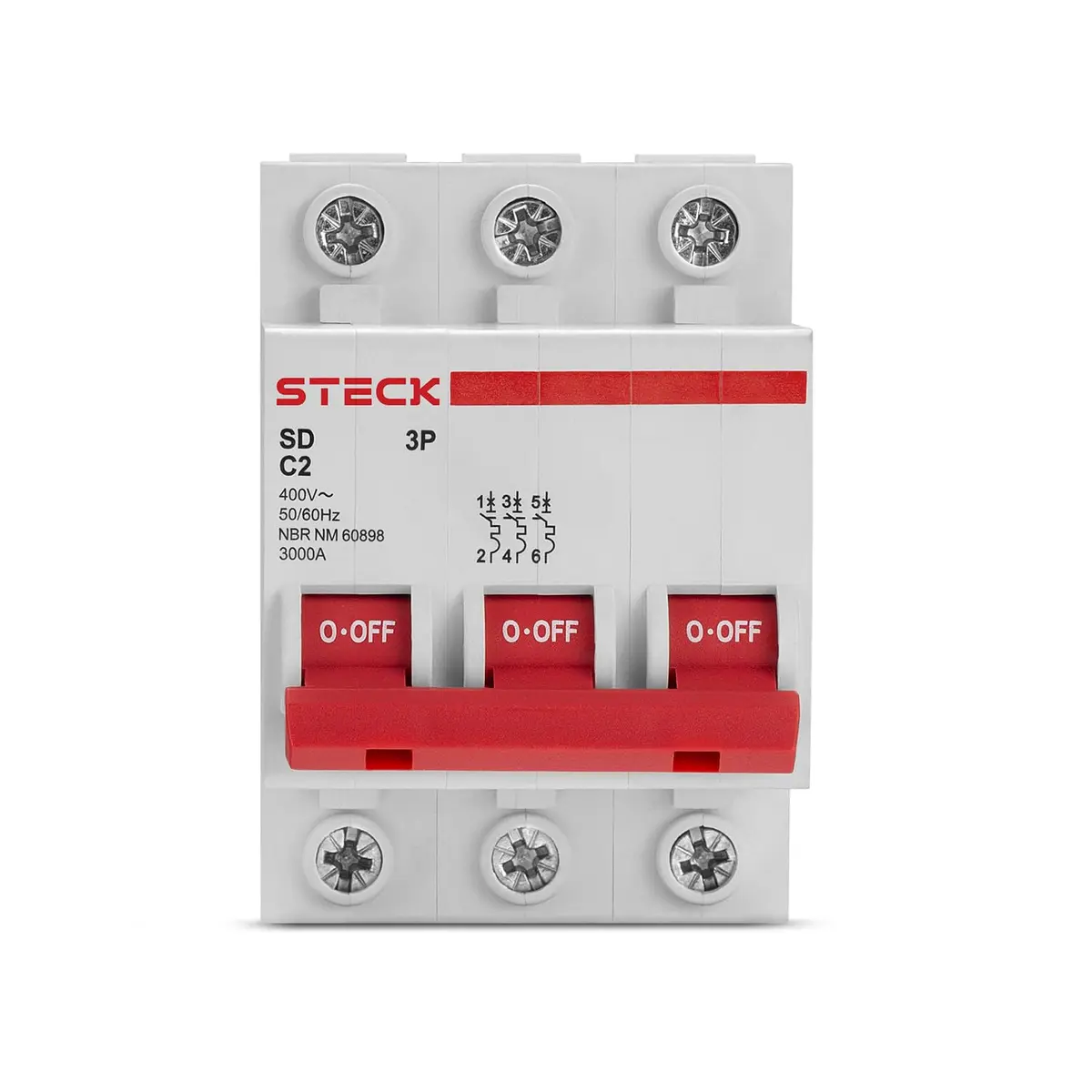 Steck, Disjuntor Termomagnético 3kA, 2A 3P, Curva C, Tripolar, Gelo, SDD63C02