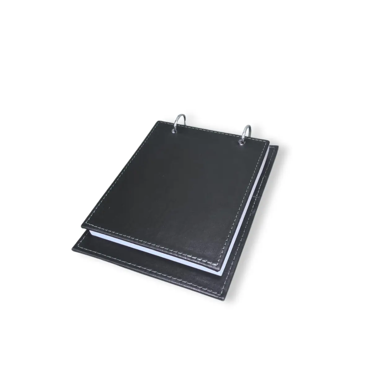 Bloco de Anotações Executivo com Capa de Couro Sintético Costurado, 150 Folhas Destacáveis, Argolas de Metal, Porta Caneta, 15x20 cm, Preto