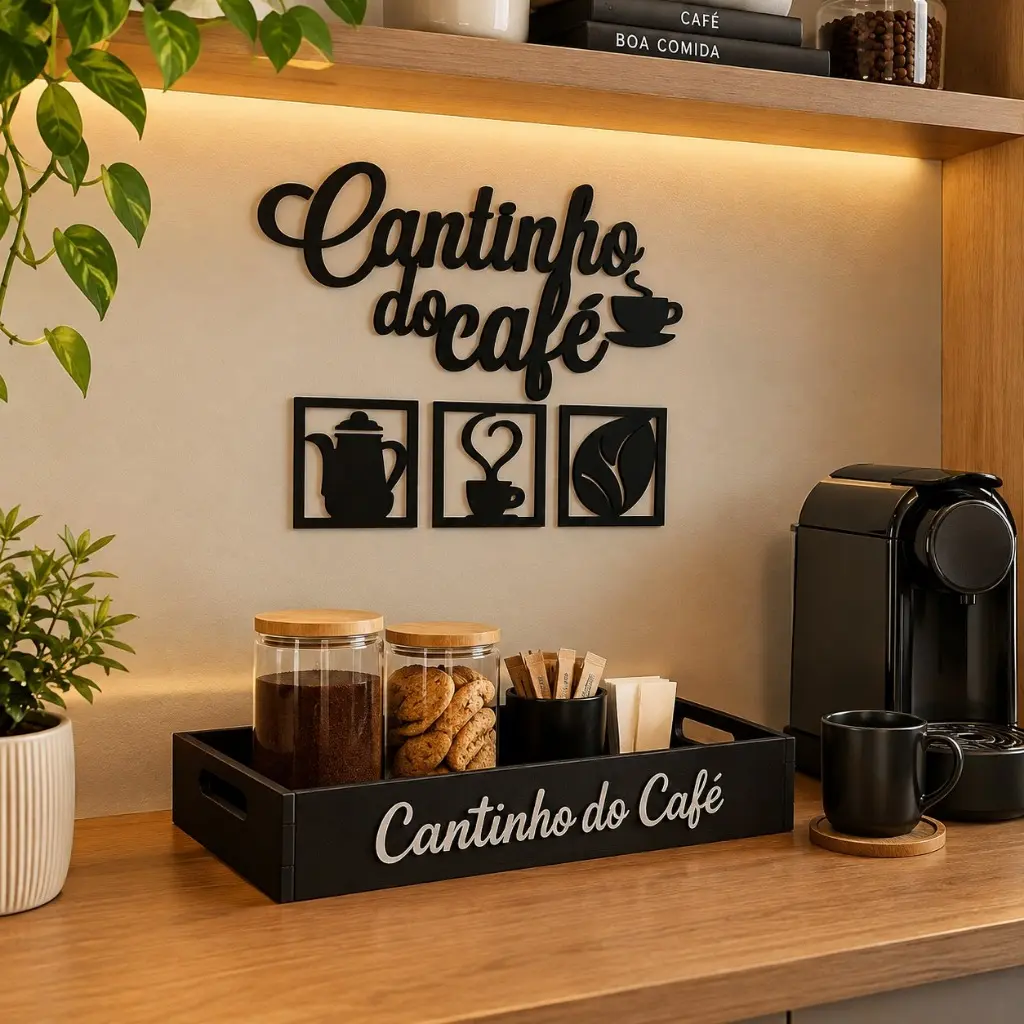 Kit Apliques Cantinho do Café c/ Corações e Bandeja Quadrada em MDF
