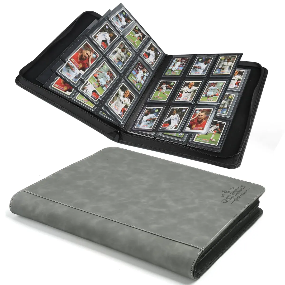 Fichário Toploader, estojos rígidos Toploader, mangas com 9 bolsos para 288 cartões. Fichário de cartão Toploader com mangas para rígido "7 × 10.2 cm, suporte de cartão (cinza) - 1