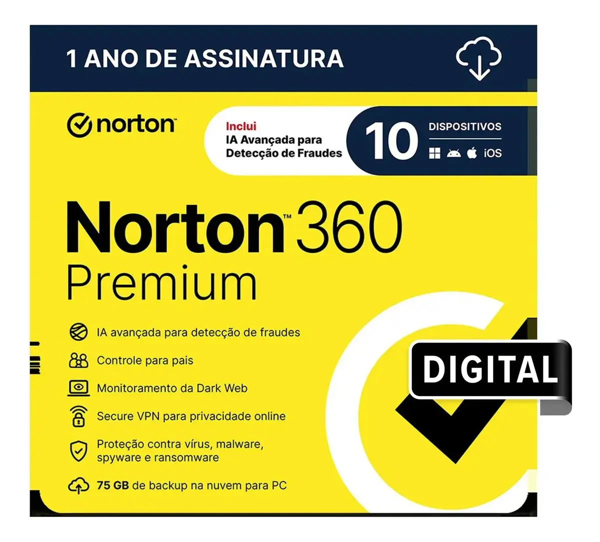 Norton 360 Premium 75gb 10 Dispositivos 1 Ano (digital)