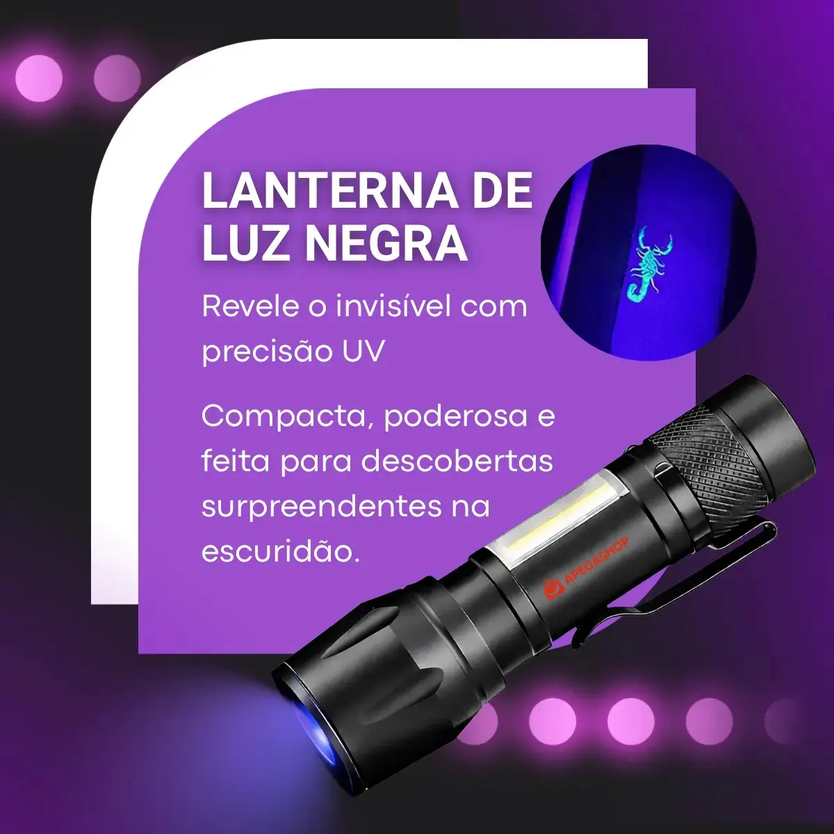 Lanterna Uv Led Luz Negra Roxa Ultravioleta Detecta Escorpião Seca Unha Resina Máscara Nota Falsa Dinheiro APEGASHOP Inseto Bateria Recarregável Usb Portátil Potente Mini thumbnail 2