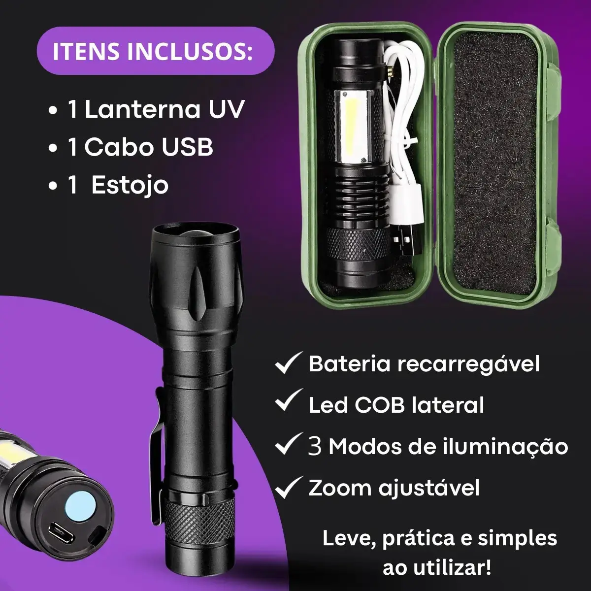 Lanterna Uv Led Luz Negra Roxa Ultravioleta Detecta Escorpião Seca Unha Resina Máscara Nota Falsa Dinheiro APEGASHOP Inseto Bateria Recarregável Usb Portátil Potente Mini thumbnail 5