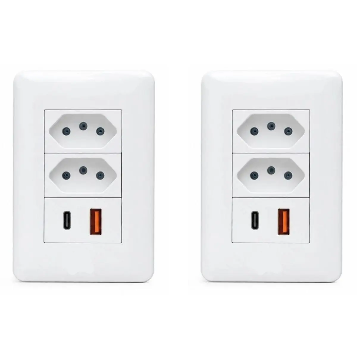 Tomada Dupla de Embutir com USB A e USB C Carregador Integrado Bivolt Padrão Brasileiro para Celular Tablet Notebook Smartwatch Carregamento Rápido Residencial Escritório Design Moderno Branco - 1