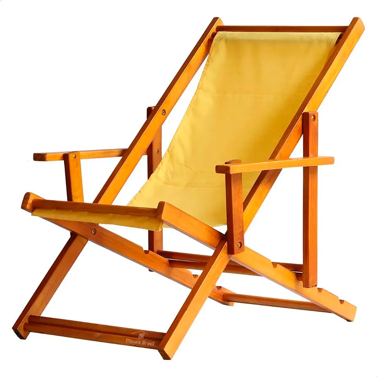 Espreguiçadeira em Madeira Maciça para Piscina, Praia – Com Braço, Dobrável, Acabamento Envernizado (Amarelo)