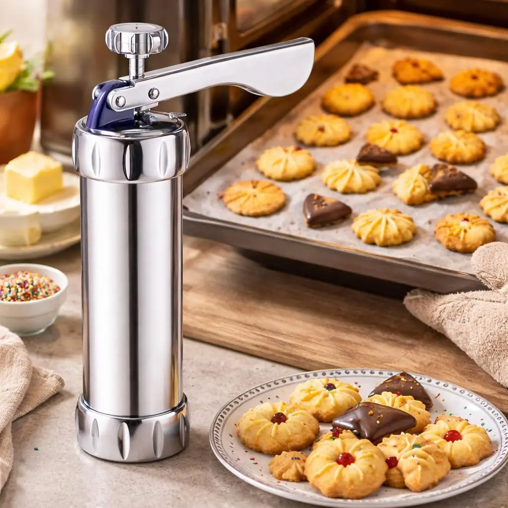 Wellmix Máquina de Biscoito Inox 21 Peças, Pistola Modeladora para Cookies, 13 Moldes e 8 Bicos Decorativos, Biscoiteira Profissional