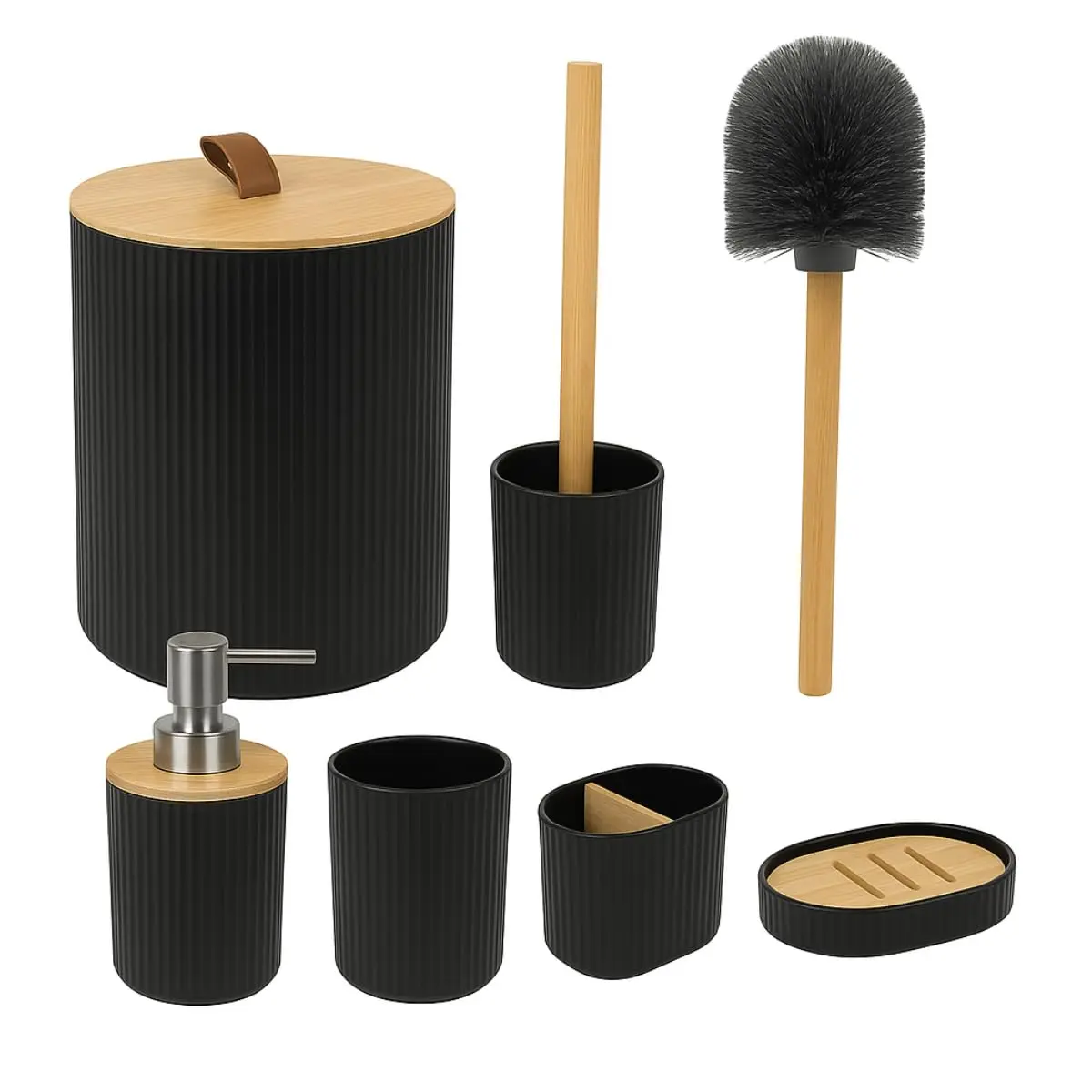 Conjunto de Acessórios para Banheiro 6 Peças, Preto, com Bambu