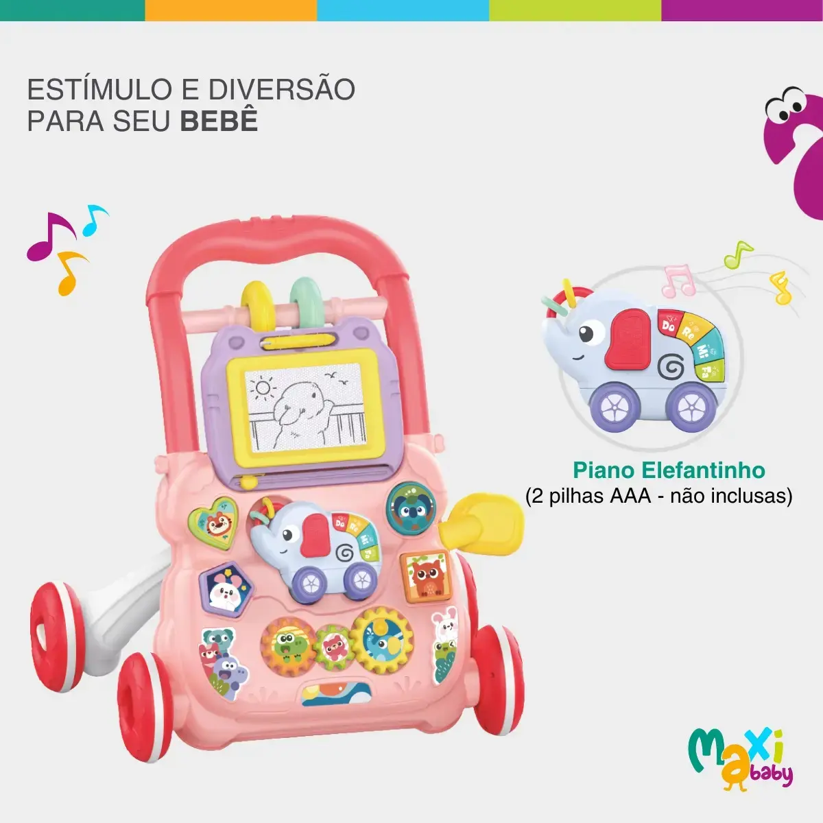 Andador Infantil 2 Em 1 Musical Interativo Rosa - Maxi Baby thumbnail 2