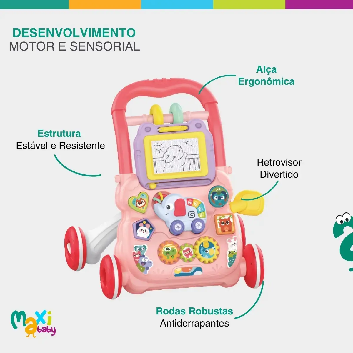 Andador Infantil 2 Em 1 Musical Interativo Rosa - Maxi Baby thumbnail 4