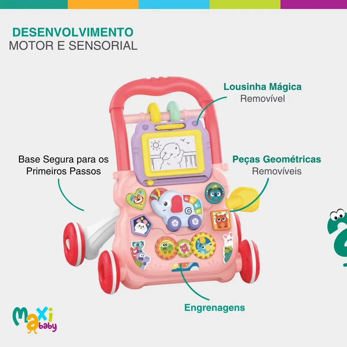 Andador Infantil 2 Em 1 Musical Interativo Rosa - Maxi Baby thumbnail 5