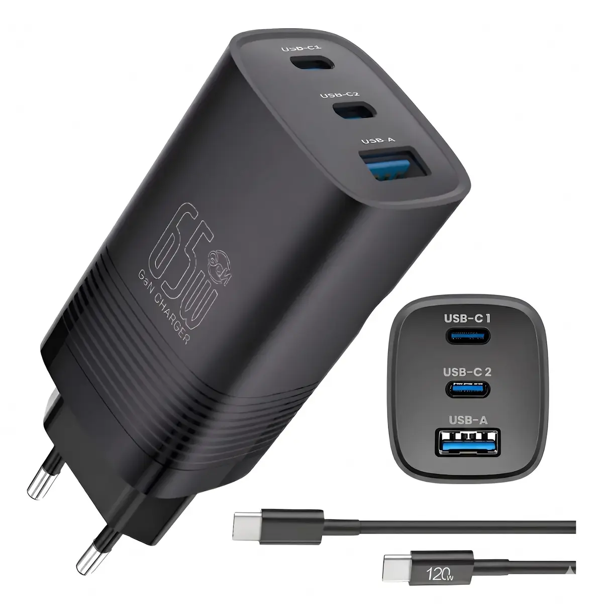 Carregador USB C 65W GaN 3 Portas com Cabo Incluso, Carregador Rápido Power Delivery, ANATEL, Compatível MacBook Air/Pro M1 M2, iPhone 16/15/14, Galaxy (Preto Osbidian, 65, Watts) - 1