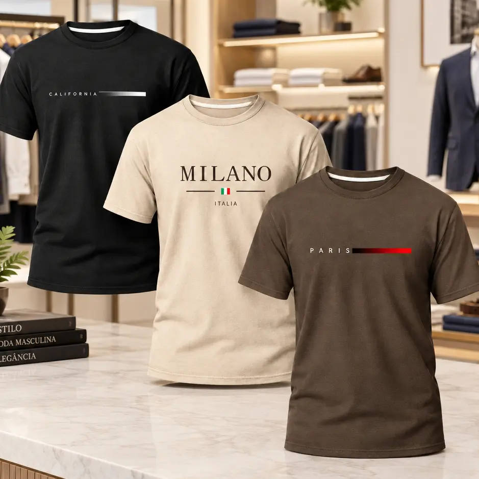 Kit 3 Camiseta Camisa Masculina Minimalista Paris Milano Style 100% Algodão Premium