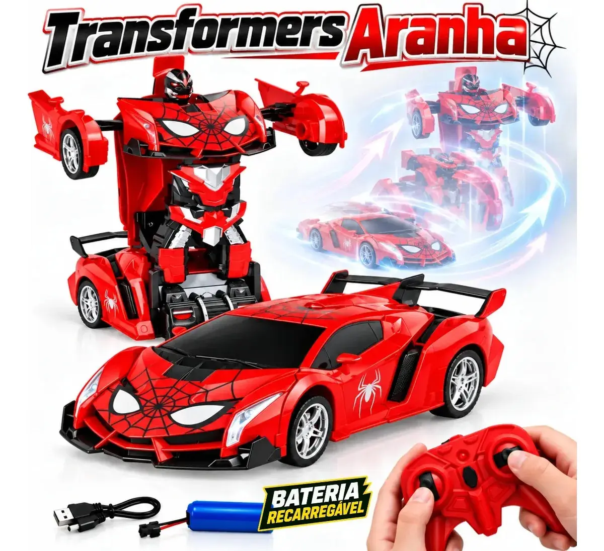 Carrinho de Controle Remoto 2 Em 1 que Vira Robô com Bateria Recarregável se Transforma em Robô