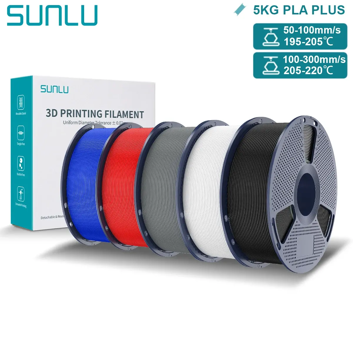 SUNLU Filamento 3D 5KG PLA/PETG/PLA PLUS 1.75mm Enrolado de Forma Uniforme - Filamento Plástico PLA Colorido para a Maioria das Impressoras 3D FDM - 1