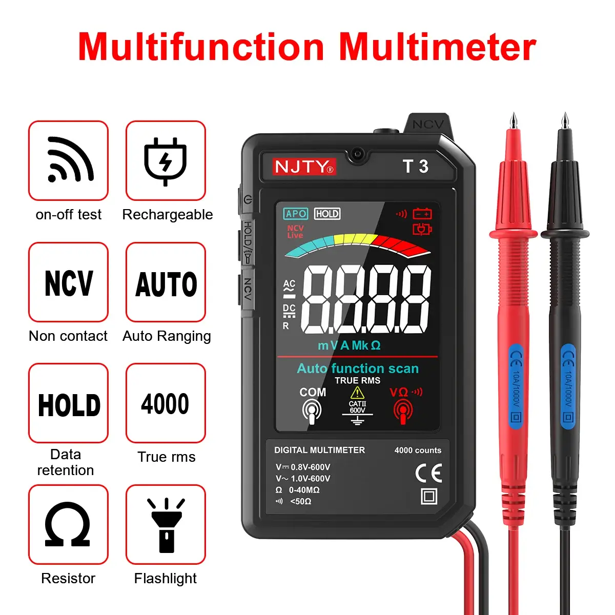 Njty t3 mini multímetro digital inteligente tela colorida usb recarregável 4000 contagens resistência de tensão de alcance automático ncv fio ao vivo - 1