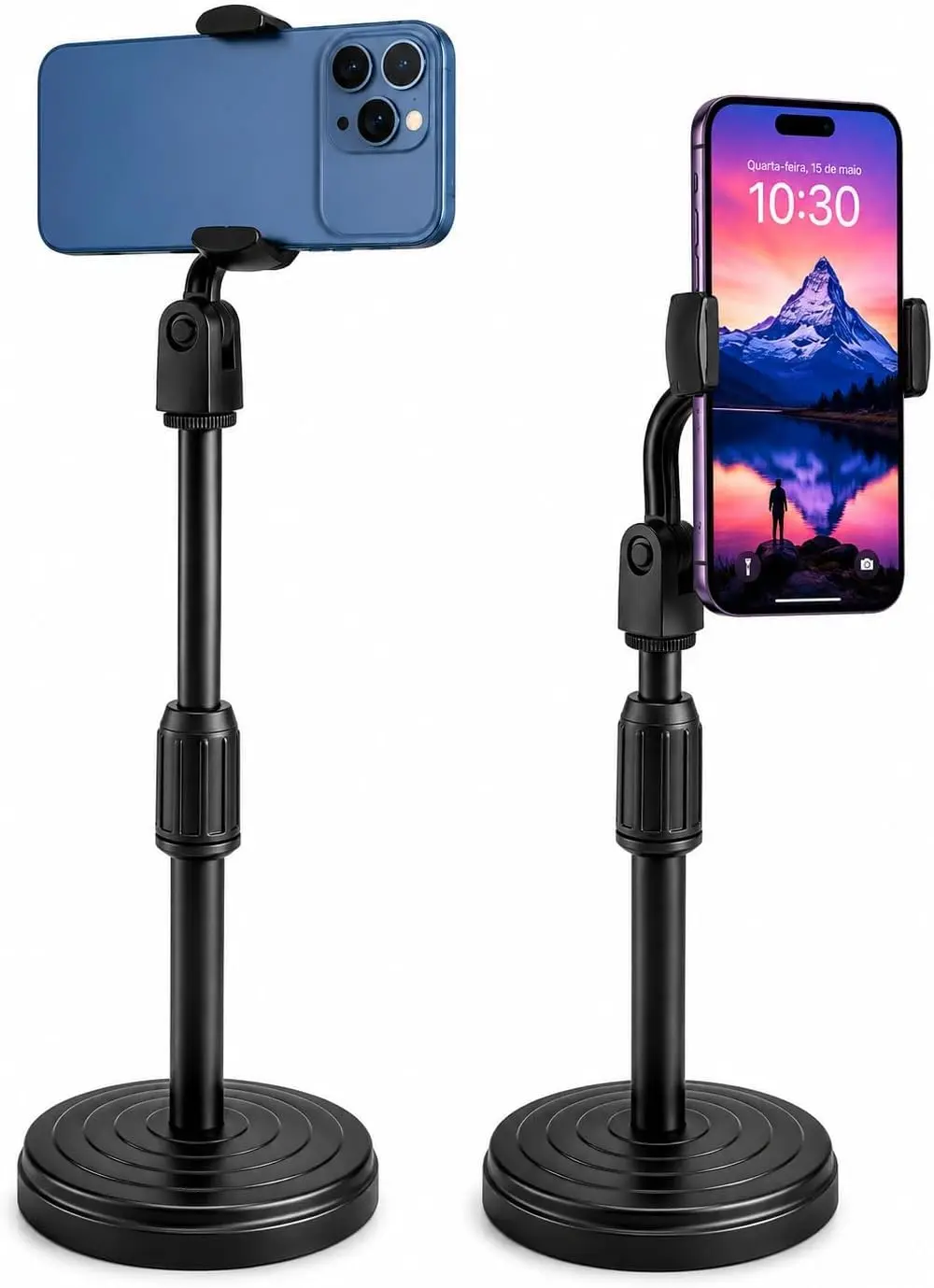 Suporte de Mesa para Celular Articulado com Altura Regulável | Rotação 360°, Base Antiderrapante, Para Lives e Vídeos, Home Office e Estudos, Base Pesada Estável - 1