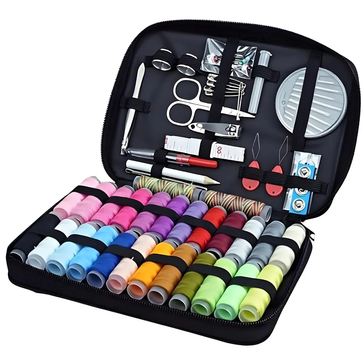 Kit de Costura Completo 96 Peças com Estojo Portátil – Linhas, Agulhas, Tesoura, Fita Métrica e Acessórios para Reparo, Viagem e Uso Doméstico
