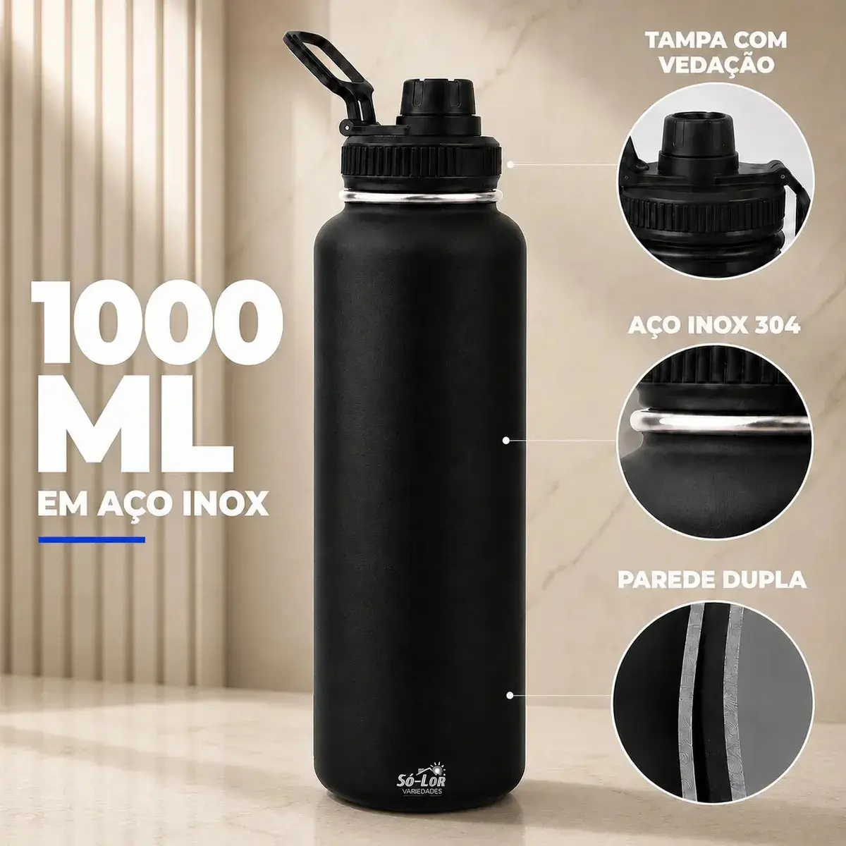 1000ml Garrafa Térmica Isolada A Vácuo Squeeze Aço Inox 304 para Água Gelada Esporte Academia com Alça e Bico Preto Sólar - 1