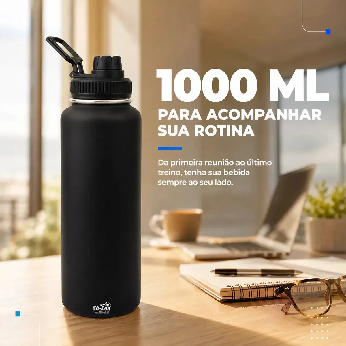 1000ml Garrafa Térmica Isolada A Vácuo Squeeze Aço Inox 304 para Água Gelada Esporte Academia com Alça e Bico Preto Sólar thumbnail 2
