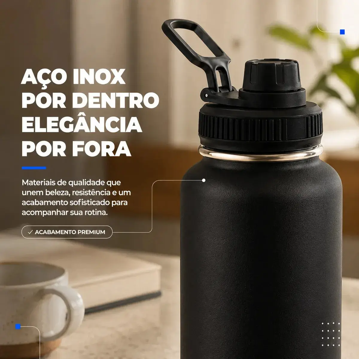 1000ml Garrafa Térmica Isolada A Vácuo Squeeze Aço Inox 304 para Água Gelada Esporte Academia com Alça e Bico Preto Sólar thumbnail 3
