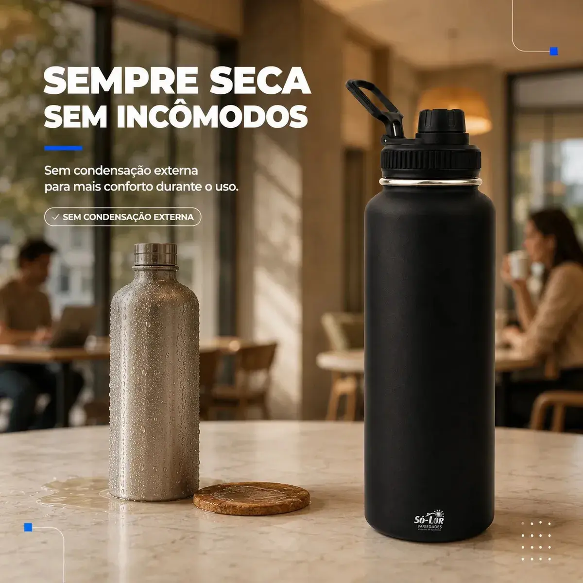 1000ml Garrafa Térmica Isolada A Vácuo Squeeze Aço Inox 304 para Água Gelada Esporte Academia com Alça e Bico Preto Sólar thumbnail 4