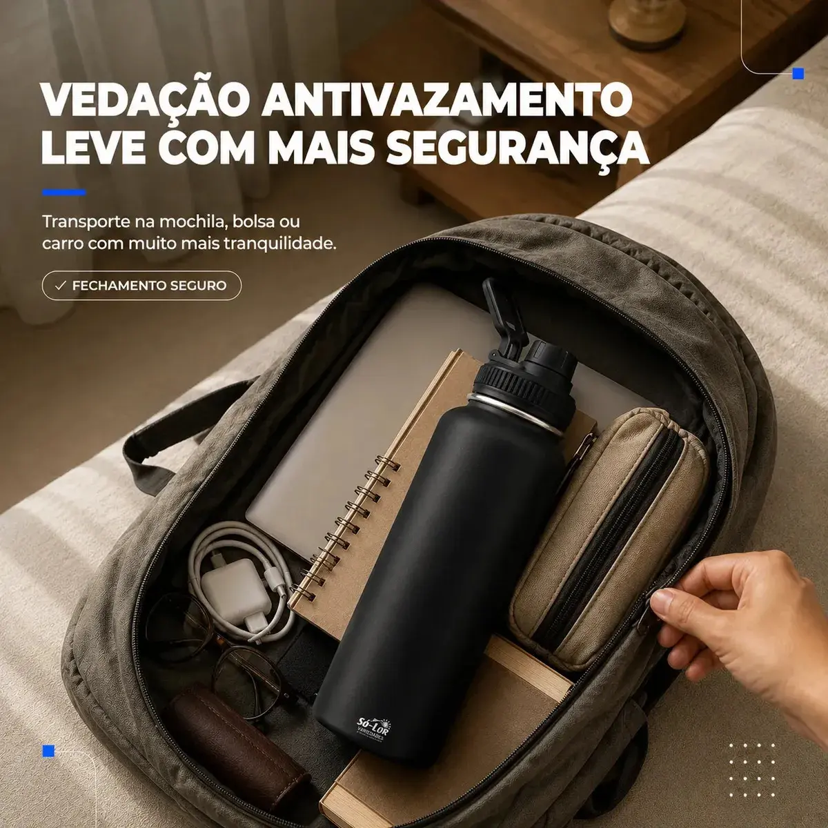 1000ml Garrafa Térmica Isolada A Vácuo Squeeze Aço Inox 304 para Água Gelada Esporte Academia com Alça e Bico Preto Sólar thumbnail 5